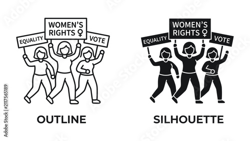 Women's Rights Protest: Stylized illustrations depict women advocating for their rights, holding signs for Equality and Vote, symbolizing the fight for empowerment and representation.