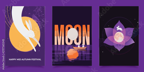 Mid Autumn Festival vector poster set with moon rabbit and lotus flower.