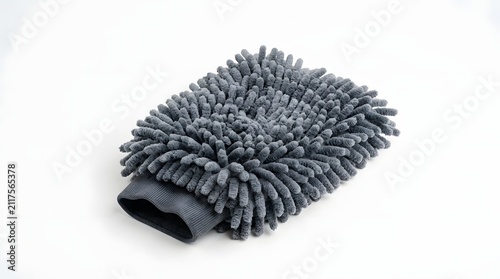 Gray microfiber car wash mitt resting on white background