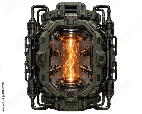 Futuristic plasma generator isolated on transparent background with industrial hard surface design, glowing energy core and realistic sci fi technology