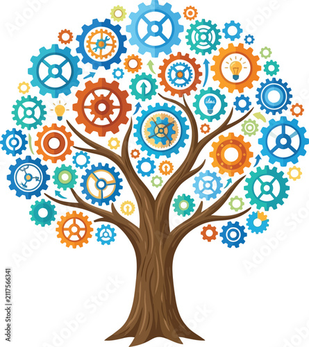 Conceptual tree of life formed by colorful mechanical gears and cogs representing industrial engineering and technology