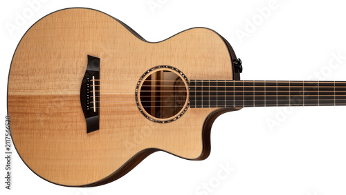 Acoustic guitar with light wood grain and dark fretboard, isolated on transparent background