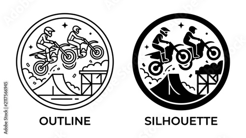 Foto Motocross Race Icons: Two distinct circular icons, one outlined and one silhouetted, depict a thrilling motocross race with riders on dirt bikes performing jumps on ramps