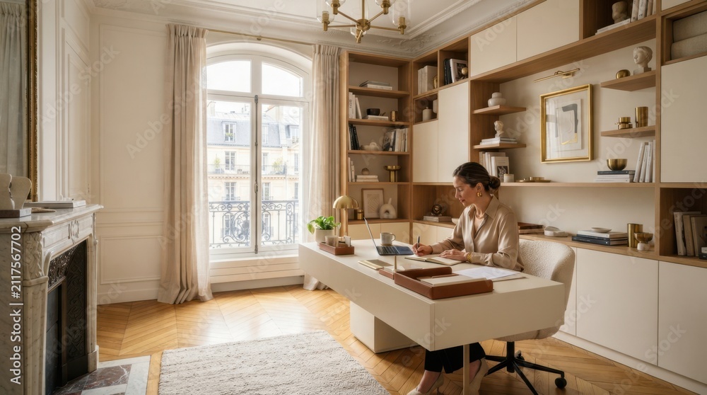 Obraz premium Woman working at a modern desk in a bright, elegant home office with built-in shelving