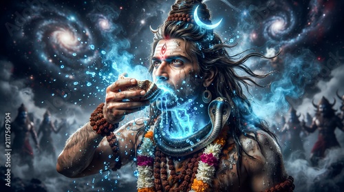 Lord Shiva drinking glowing cosmic poison halahala from shell