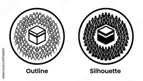 Foto Kaaba Surrounded by People: Two stylized icons depict the Kaaba, one as an outline and the other as a silhouette, both surrounded by a crowd of people, symbolizing pilgrimage and devotion
