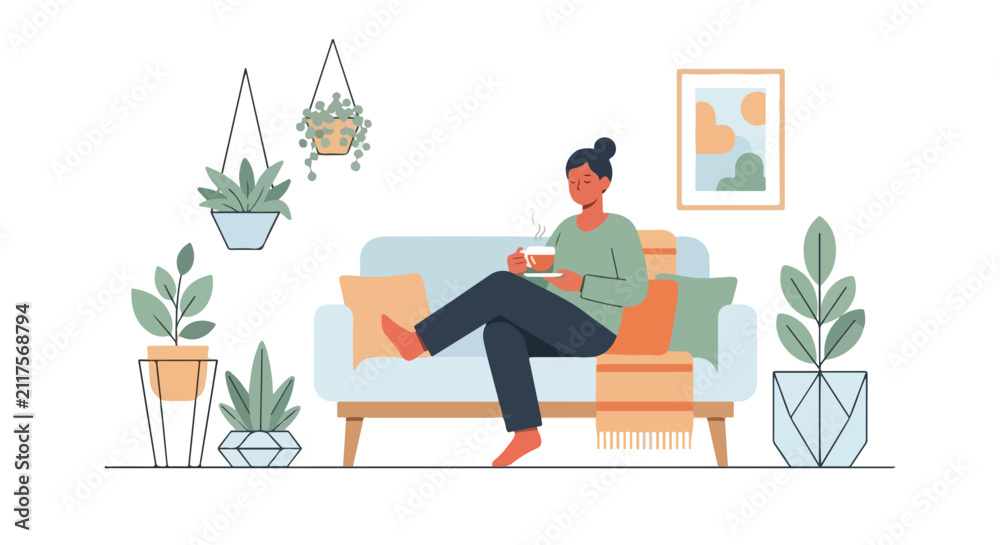 Fototapeta premium A woman relaxes on a light blue sofa in a cozy room, enjoying a hot cup of tea while surrounded by lush green potted plants.