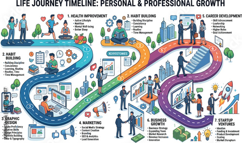 Life journey timeline infographic showing personal and professional growth and development stages with infographic, timeline