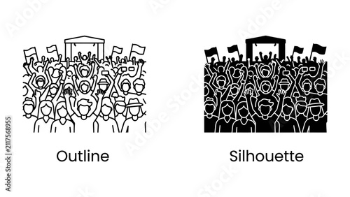 Crowd of People: Two illustrative depictions of a large gathering, one an outline and the other a silhouette, show a multitude of individuals expressing excitement and anticipation.
