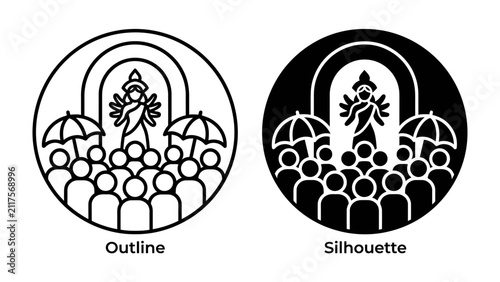 Religious Festival Icon: Two circular icons, one outline and one silhouette, depicting a religious figure beneath an archway, flanked by umbrellas and a crowd of people.