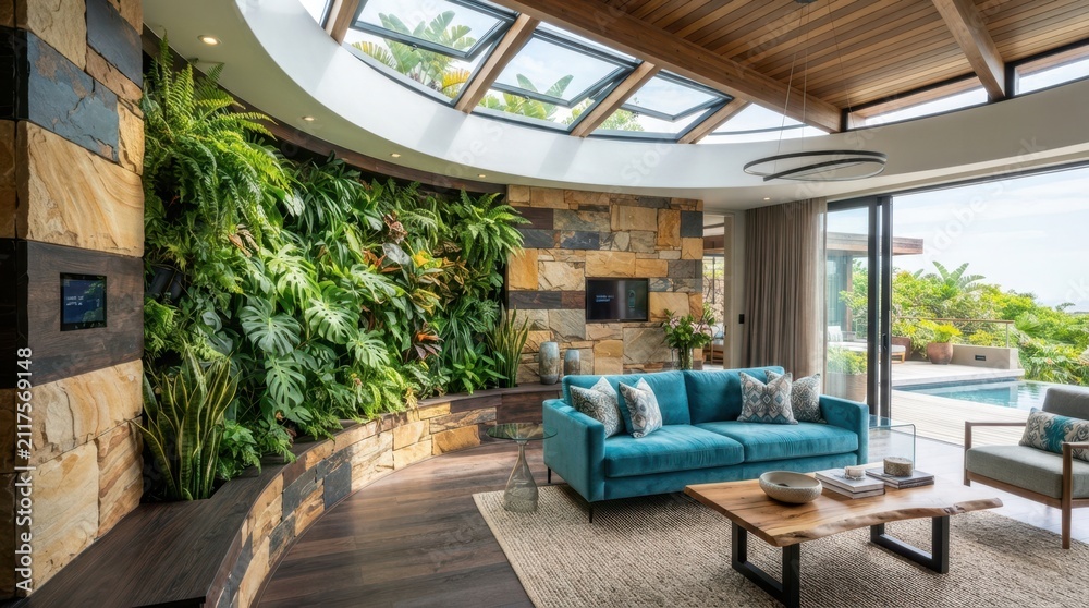 Fototapeta premium Luxury living room with a vibrant living wall and stunning ocean view