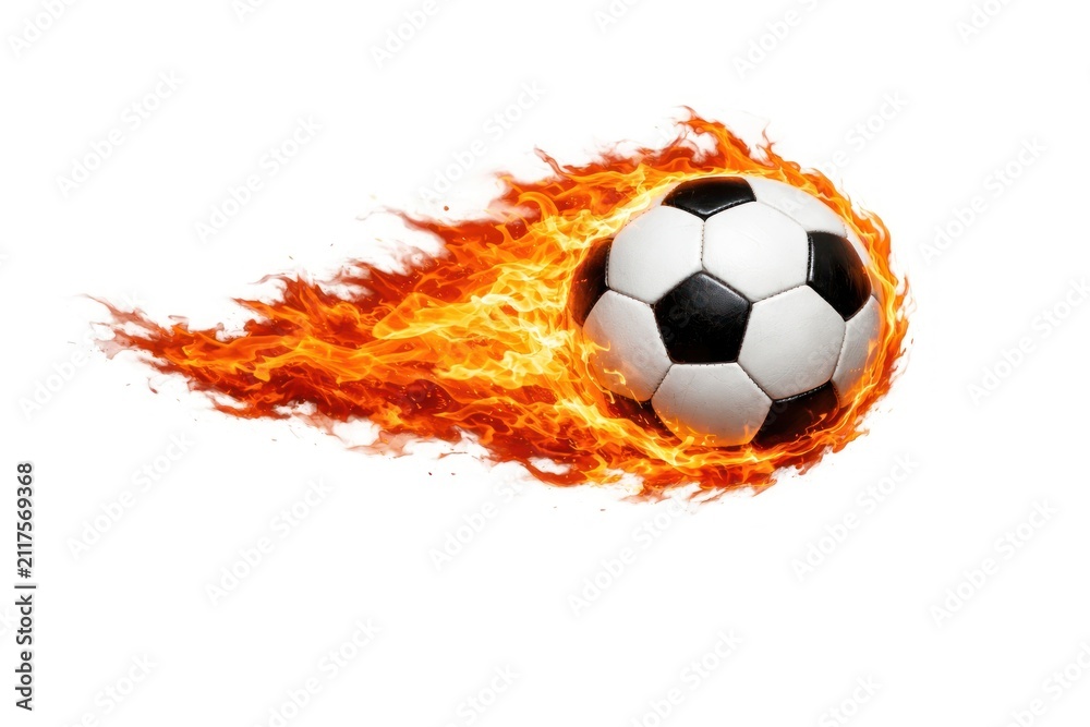 Fototapeta premium Soccer ball engulfed in flames, symbolizing speed and energy.