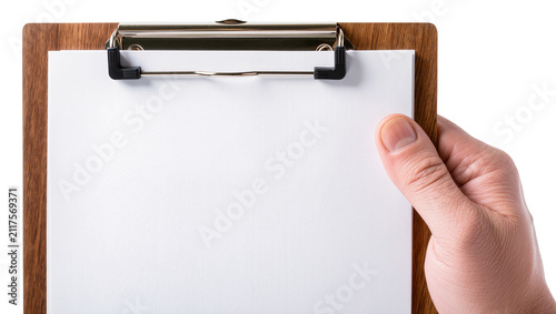 Hand holding wooden clipboard with blank white paper, isolated on transparent background