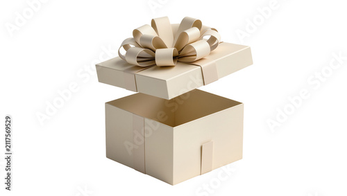 Cream colored gift box with large ribbon bow lid open, isolated on transparent background
