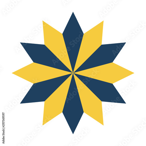 Eight pointed star icon with geometric elongated points in deep blue and bright yellow flat design minimalist shape concept