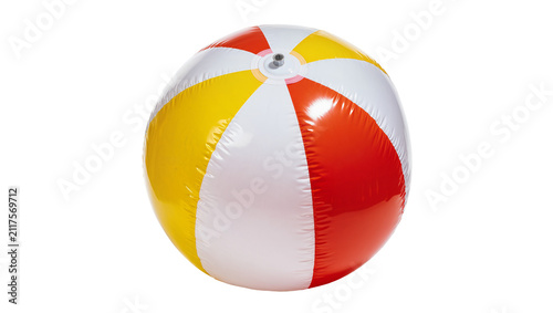Inflatable beach ball with red yellow and white panels, isolated on transparent background