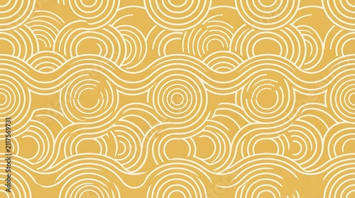 Seamless pattern with abstract wavy lines and concentric circles in mustard yellow and white