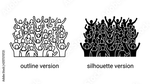 Crowd of People: A stylized depiction of a dense crowd of cheering people, presented in both outline and silhouette versions, signifying unity and collective energy.