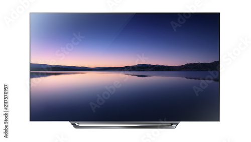 Cuadro en lienzo Modern flat screen television displaying serene lake landscape, isolated on tran