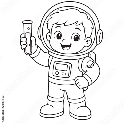 Cute astronaut boy holding test tube. Vector illustration of a child scientist in space suit. A black and white line art illustration of a happy little astronaut boy conducting a science experiment.