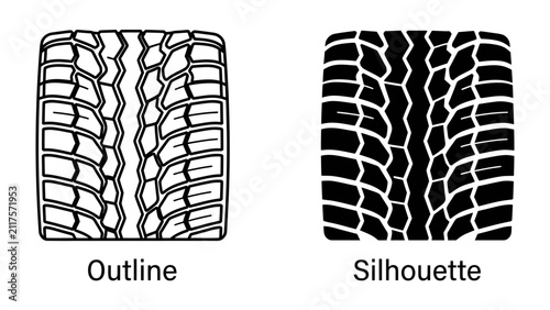 Konstfotografi Tire Tread Patterns: A side-by-side comparison showcasing the outline and silhouette of a rugged tire tread, illustrating the distinctive grooves and sipes designed for optimal grip and traction