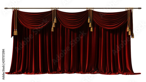 Cuadro en lienzo Rich red velvet drapes with gold tassels draped elegantly on a rod, isolated on