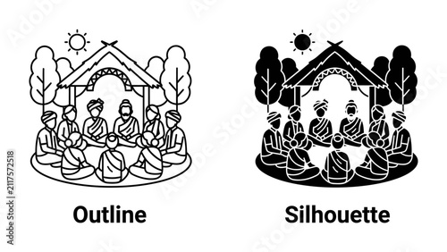 Community Gathering Icons: Two stylized icons depict a group of people sitting in a circle under a thatched roof structure, representing a community gathering or meeting. One icon is an outline.