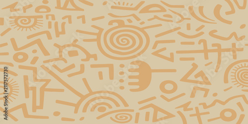 Seamless tribal background vector with ancient ethnic symbols, spirals, petroglyphs, and abstract cave art doodles in warm beige colors.