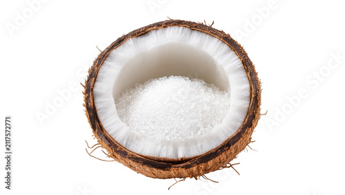Картината върху платно Half coconut shell filled with white sugar crystals, isolated on transparent bac