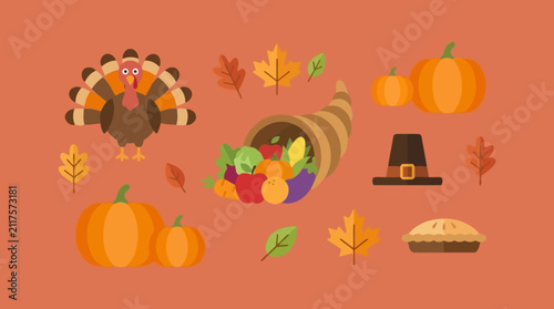 A collection of festive Thanksgiving icons featuring a turkey and harvest vegetables