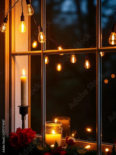 Decorated window with burning candle and string bulbs aglow in warm golden light, cheer, Christmas