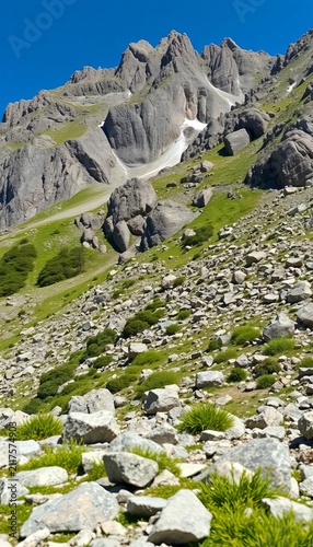 Rugged mountain terrain with scattered boulders and greenery, greenery, ||rocky landscape