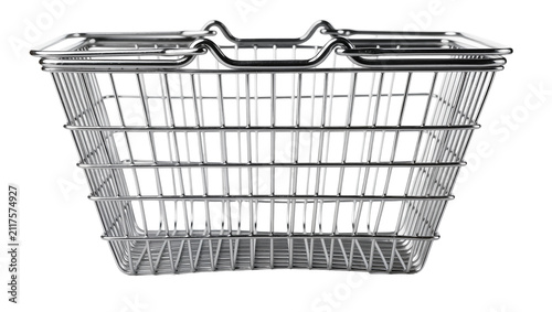 Foto Shiny metal shopping basket with wire mesh construction, isolated on transparent