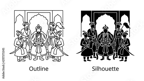 Bild auf Leinwand Indian Royal Court: An artistic representation of a traditional Indian royal court scene, showcasing figures in historical attire, depicted in both outline and silhouette forms