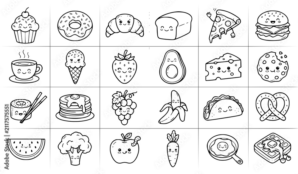 Fototapeta premium Cute Whimsical Black and White Food Doodle Collection – Hand Drawn Vector Illustration Set