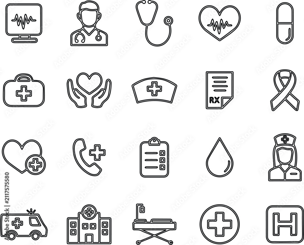 Fototapeta premium Outline icons for healthcare and medical services monitor