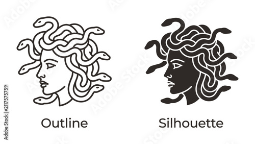Photography Medusa's Gaze: A classic depiction of Medusa, featuring her iconic serpentine hair and profile, presented in both an outline and silhouette format for versatile design applications