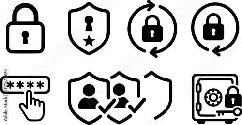 Security and data protection icon set in a flat black style including padlock, shield, password input, user verification and safe deposit box.