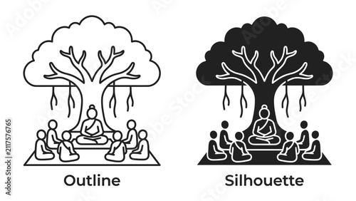Fotografie Spiritual Enlightenment Under the Bodhi Tree: Two stylized illustrations depict a serene figure meditating beneath a large, majestic tree, surrounded by attentive disciples