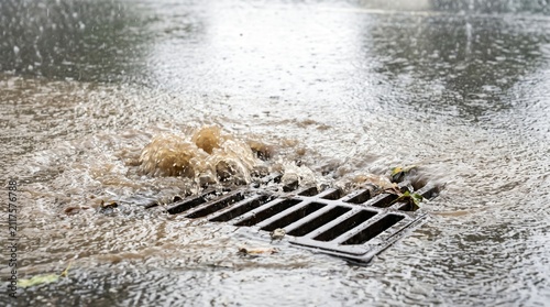 Drainage Failure: Storm Water Surging Back Up Out Of A Street Drain During Heavy Rain