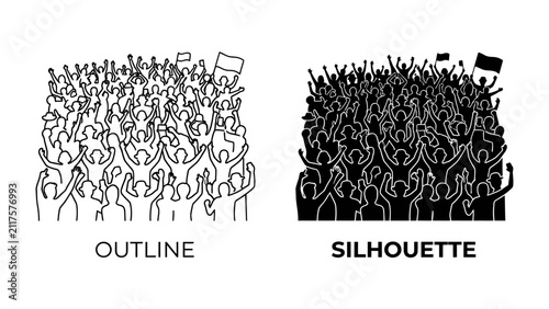 Crowd Outline and Silhouette: Two graphic representations of a large crowd with raised arms, one in outline and the other as a solid silhouette, symbolizing collective energy and unity.