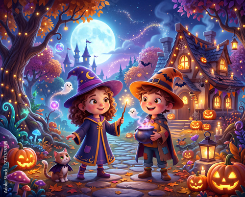 Süße Halloween Hexe und Zauberer, 3D Design