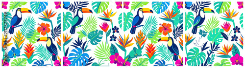 Cuadro en lienzo Tropical Birds and Exotic Flowers Seamless Pattern