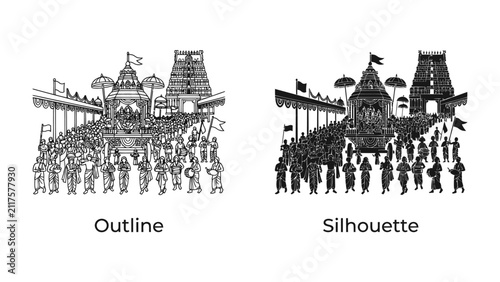 Indian Festival Celebration: Two distinct depictions, an outline and a silhouette, illustrate a vibrant Indian festival procession featuring traditional architecture and a multitude of people.