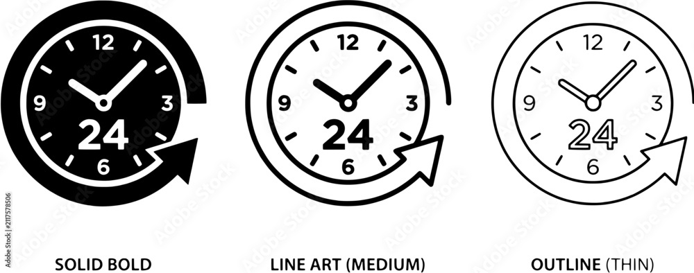 Fototapeta premium 24 hours clock icon set in solid bold, medium line art and thin outline styles. Editable vector illustration representing time, availability and service.