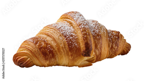 Canvastavla Golden brown flaky croissant dusted with powdered sugar, isolated on transparent