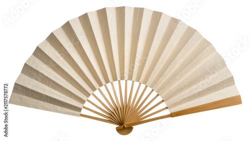 Natural beige paper folding fan with wooden ribs, isolated on transparent background