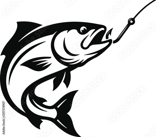 Canvastavla Black silhouette of a jumping fish caught on a fishing hook