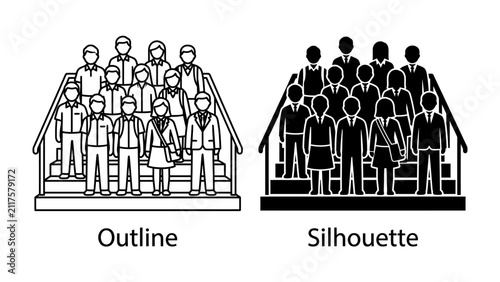 Group Representation: Two distinct visual styles, outline and silhouette, depict a crowd of people standing on tiered steps, symbolizing group dynamics and collective identity.