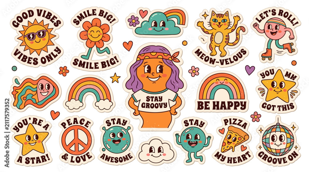 Obraz premium Groovy stickers collection displaying smiling cats, peace signs, and retro-style cartoon figures with motivational quotes to promote a positive and fun lifestyle concept.